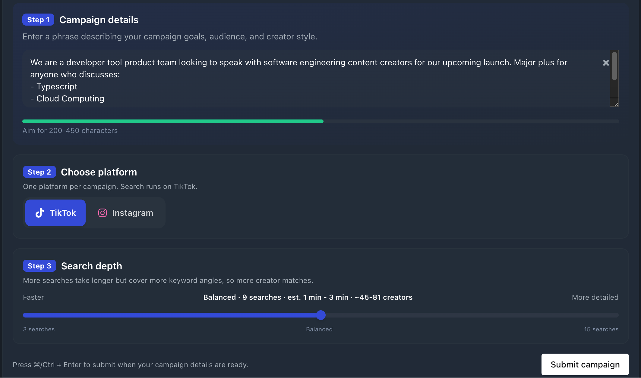 Creator Discovery Agent brief and search interface